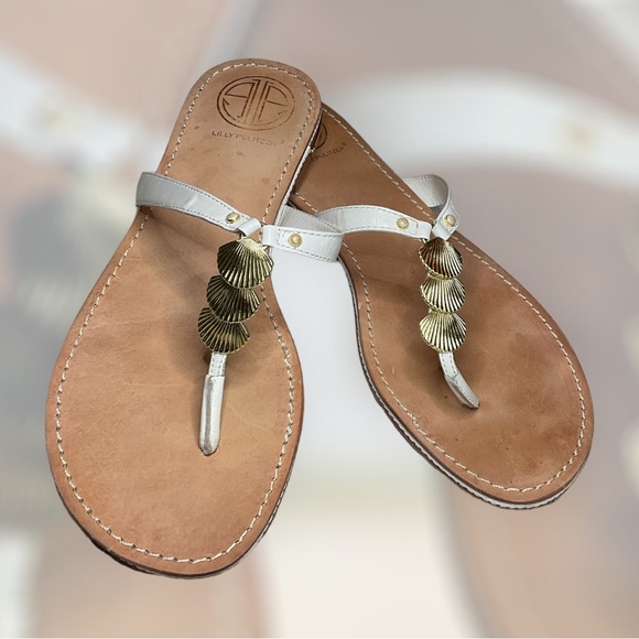 Lilly Pulitzer Leather Thong Sandals with Gold Sea Shell Accent Flip Flop 9M - Picture 1 of 2